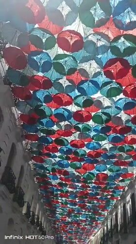 Caracas street scenes feature umbrella canopy, bank building, plaza