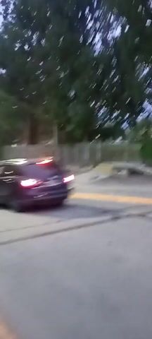 The video shows a street scene at dusk. A black car is driving away in the left lane. A person on a moped passes it, speeding toward the camera. A person walking, with a stroller, and wearing a red shirt crosses the right lane. There is a row of trees along the background. The road has yellow lines to indicate the lanes. Another car can be seen in the distance.