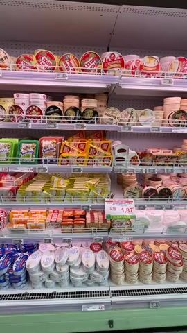 The video shows a long refrigerated display case in a grocery store, filled with dairy products. The shelves are stocked with various types of cheese, yogurt, and other dairy items. The products are neatly arranged, with labels and prices visible. The lighting is bright and even, typical of a supermarket setting. The camera pans across the shelves, offering a detailed view of the products. There are no people visible in the video. The overall impression is one of a well-organized and well-stocked dairy section.