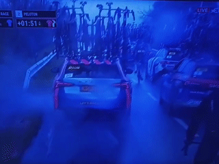 Cycling race proceeds through heavy rain in Karnobat, Bulgaria