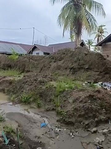 A muddy, partially flooded dirt road winds through a village. Several houses with reddish-brown roofs are visible, some appearing to be under construction with exposed concrete structures. Large piles of dirt, likely from construction or erosion, are prominent. Green vegetation, including grass and palm trees, is scattered throughout the scene. The sky is overcast, suggesting a humid or rainy climate. There are no people or animals visible in the video. The overall impression is one of ongoing development or recent disruption, possibly related to weather.