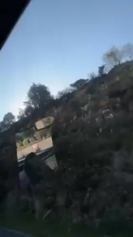 The video shows a view from inside a vehicle, likely a bus or car, moving alongside a highway. The focus is through the window, where we see a rocky hillside covered in trees and vegetation. The sky is clear and blue, with the sun visible in the distance, creating a bright, diffused glow. The camera angle is tilted upwards, emphasizing the height and slope of the hillside. The reflection in the window shows a glimpse of the highway and other vehicles moving along it.