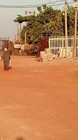 Two women walk away from the camera along a red dirt road. The woman on the left wears a green skirt and a light-colored top and carries two clear plastic bags. The woman on the right wears a long dark coat and a pink head covering and carries a white bag. A metal fence and cinder blocks are visible to the right. Power lines stretch across the sky. The shadows of the videographers can be seen on the ground.