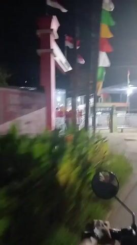 The video is a shaky, first-person perspective video taken at night, likely from a moving vehicle such as a motorcycle. The camera pans across a street scene. In the foreground, there is blurred greenery and a portion of a motorcycle. The camera then focuses on an entrance gate with a prominent pink pillar and an archway overhead. Indonesian flags are visible, one red and white, and another multi-colored. Beyond the gate, there are buildings with illuminated roofs and fences. A person in a dark outfit is seen walking towards the right side of the frame. Further down the street, other buildings and structures are visible, and there appear to be more people in the distance, though they are unclear. The overall environment suggests a nighttime setting, possibly in a village or a less developed urban area, with artificial lighting from the buildings. The camera continues to move, showing more of the street and buildings, and briefly a child's face looking towards the camera.