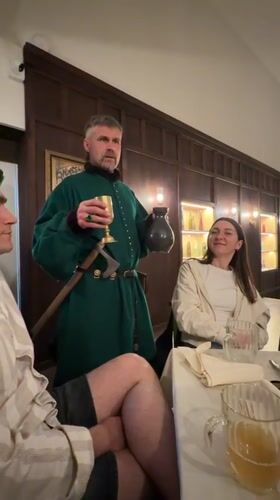 Medieval-costumed patron observed at Minsk restaurant