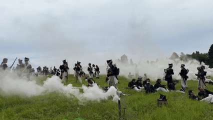 Napoleonic War reenactment staged in Goncharovo field with cavalry
