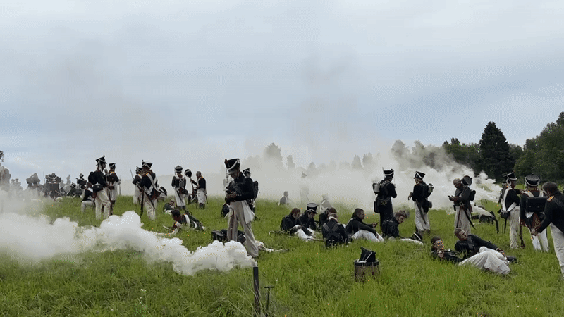 Napoleonic War reenactment staged in Goncharovo field with cavalry
