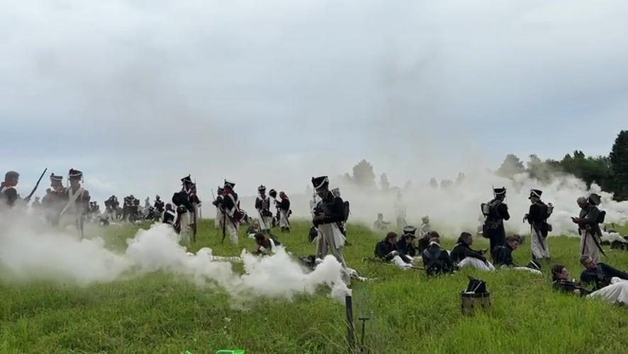 Napoleonic War reenactment staged in Goncharovo field with cavalry