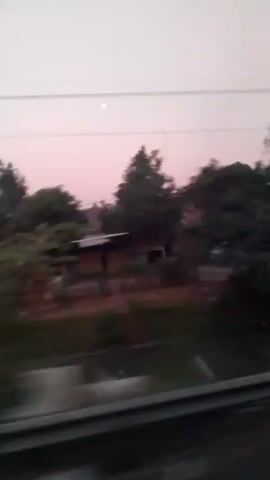 A blurry video captures a view from a moving vehicle. The scene appears to be rural, with trees and houses visible along the side of the road. The sky is a pale pinkish-grey, suggesting it might be dawn or dusk. There is a faint white orb in the sky, possibly the moon or a distant light. Power lines are also visible overhead. The movement of the vehicle causes the scenery to blur, creating streaks of color and light.