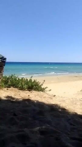 A view of a sandy beach on a sunny day. The ocean is a clear turquoise color with small waves. There are a few people visible in the distance, as well as some boats on the water. In the foreground, there is some vegetation and the edge of a wooden structure. The sky is clear and blue.