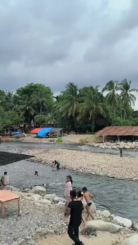 The video captures a bustling scene at a river in Bateiiliek, Indonesia, on an overcast day. The wide shot showcases a clear, flowing river bordered by rocky banks and small islands formed by pebbles. The banks are lined with lush green vegetation, including numerous palm trees, contributing to a tropical ambiance. Across the river, various structures are visible, ranging from rustic huts with thatched roofs to more industrial-looking buildings with metal roofs, hinting at local businesses or residential areas.

Numerous people, including both children and adults, are actively present in and around the river. Some individuals are wading in the shallow areas, while others appear to be playing or simply enjoying the water. In the foreground, a child in a dark shirt stands on a prominent rock, observing the activity. Further downstream, an inflatable tube is seen in the water, suggesting recreational use such as tubing or rafting. The river exhibits areas of both smooth flow and small ripples, indicating a natural, dynamic watercourse. The scene conveys a sense of community leisure and enjoyment of the natural environment. The sky is uniformly overcast, suggesting a cloudy day. No visible text appears in the video.