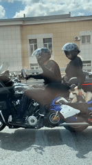 Couple spotted riding black motorcycle with blue sidecar
