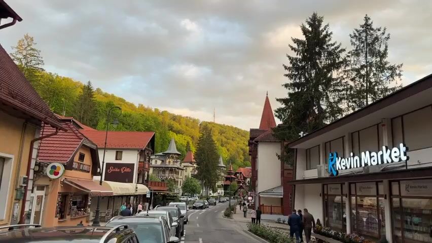 The video shows a street scene in a town nestled against a tree-covered hill. Several cars are parked along the road, and people are walking on the sidewalks. The buildings are a mix of styles, with some having traditional red-tiled roofs and others with more modern designs. A store called "Kevin Market" is visible on the right side of the street. The sky is cloudy, but there is still some sunlight hitting the trees on the hill.