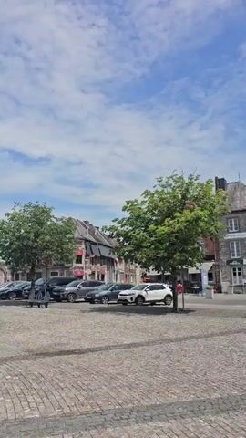 A vertical video captures a town square paved with cobblestones under a cloudy sky. The camera pans from right to left. In the foreground, a well structure with a dark, multi-sided roof supported by stone pillars is visible. Several people are seated around the well. To the left of the well, a building with a stone facade and multiple windows stands. Further left, parked cars are lined up along a street. In the midground, a building with a mansard roof and red awnings is seen, with trees in front of it. Beyond that, more buildings and trees are visible. In the background, a steeple or bell tower rises above the buildings. The video transitions to show a different view of the town square, focusing on a large, multi-story building with a clock tower and an arched entrance. Another segment shows the well structure from a slightly different angle. The final segment also features the well structure with people sitting around it.