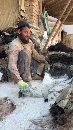 Traditional leather workers process animal hides in Quetta tannery