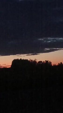 A wide shot of a darkening sky with wispy clouds, illuminated by the orange glow of a setting sun near the horizon. Silhouetted trees and bushes form a dark line across the middle ground. In the foreground, the landscape is almost completely black. A utility pole with wires is visible on the right side of the frame. The scene appears to be outdoors, possibly in a rural area.