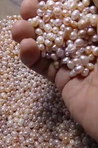 A close-up shot shows a hand holding a pile of small, irregularly shaped pearls. The pearls are primarily white and pinkish in color and have a lustrous sheen. The hand appears to be sifting or examining the pearls, causing them to shift and tumble within the palm. The background is filled with a large quantity of similar pearls, suggesting a large collection or harvest. The lighting is soft, highlighting the texture and shimmer of the pearls.