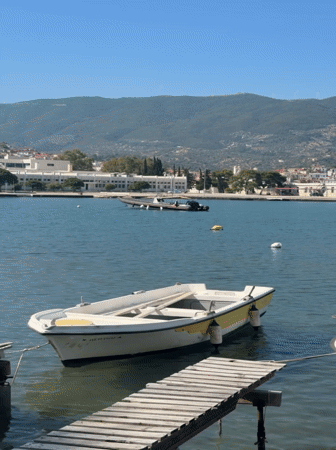 Morning coffee and coastal views in Poros, Greece