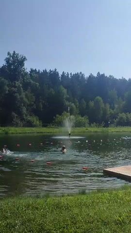The video shows a natural body of water with a fountain in the center. There are several people swimming in the water, and a wooden dock is visible on the right side of the frame. The water is surrounded by trees and greenery, and the sky is clear and blue. The video is shot from a low angle, looking up at the scene.