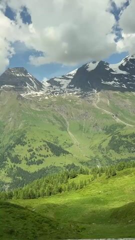 The video shows a scenic view of a mountain range with snow-capped peaks. The mountains are covered in lush green grass and dotted with pine trees. The sky is blue with fluffy white clouds. The camera appears to be moving, likely from a vehicle, as indicated by the slight blur and movement of the foreground elements. A stone barrier is visible in the lower part of the frame, further suggesting the perspective of someone traveling. The overall impression is one of natural beauty and a sense of journey. There are no people or animals visible in the video.