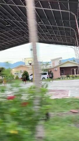 This is a shaky, fast-paced video that appears to be filmed from a moving vehicle. The foreground is blurred green foliage. In the background, there's a basketball court with a roof structure. Several people are on the court, some playing basketball, others standing around. A silver minivan drives past on the edge of the court. Buildings and trees are visible in the distance. The overall impression is of a casual outdoor scene in a somewhat developed area.