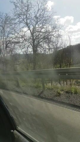 The video shows a view from inside a moving vehicle, looking out the side window. The footage is oriented vertically, appearing to be captured with a phone held in portrait mode and then played on its side.

On the left side of the frame, a bright sky with large, white, fluffy clouds is visible, suggesting a sunny day. Bare trees, likely in late winter or early spring, line the roadside, their branches intricate against the sky. In the middle distance, beyond the trees, a valley landscape unfolds with patches of green vegetation and what appears to be a small village or scattered buildings nestled among hills. The sun causes some glare on the car window, particularly in the upper left portion of the screen.

On the right side of the frame, a dark gray road or path is visible, running parallel to the direction of travel. A metal guardrail separates the road from the embankment or field on the left. The ground immediately adjacent to the road is rough, with dirt, gravel, and sparse patches of grass.

The car is clearly in motion, as the landscape is steadily moving past the window. The overall impression is that of driving through a rural or semi-rural area on a bright day. The audio features upbeat electronic music with a distinct beat and some vocal samples.