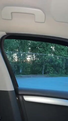 The video shows a view from inside a car, specifically through a rear window. The window frame is visible, showing the car's interior trim. Outside the window, there's a gravel or dirt lot with several dark, cylindrical objects, possibly pipes or logs, lying on the ground. Beyond the lot, there is a treeline with green foliage. The sun is setting or rising, shining through the trees.