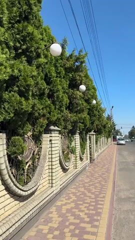 The video shows a sidewalk next to a fence and a street. The fence is made of brick and has decorative metal inserts. Tall green trees are planted along the fence, and several white spherical lights are attached to the trees. The street has cars driving on it, and there are power lines overhead. The sky is clear and blue.