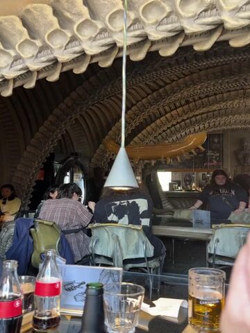 The video showcases the unique interior of an H.R. Giger-themed bar or restaurant. The setting is characterized by elaborate, biomechanical architectural decor, featuring skeletal structures resembling vertebrae and bones forming the ceiling and walls.

In the initial frames (0:00-0:04), several people are seated at tables, socializing and enjoying drinks. Two glass bottles of Coca-Cola and a glass of beer, branded "CARDINAL," are visible on a table in the foreground. A person with long dark hair, wearing a black and white shirt, is seated with their back to the camera. Another person in a plaid shirt sits nearby. A woman is seen standing behind a bar or counter area in the background. A man in the foreground gives a thumbs-up gesture. A white conical pendant light hangs from the ceiling.

The final frame (0:04-0:06) shifts to a close-up of a wall adorned with a relief sculpture. This sculpture features numerous stylized, closely packed infant faces, rendered in a light, possibly stone-like material, consistent with the distinctive art style of H.R. Giger. The overall atmosphere is dark, organic, and otherworldly due to the unique design elements.