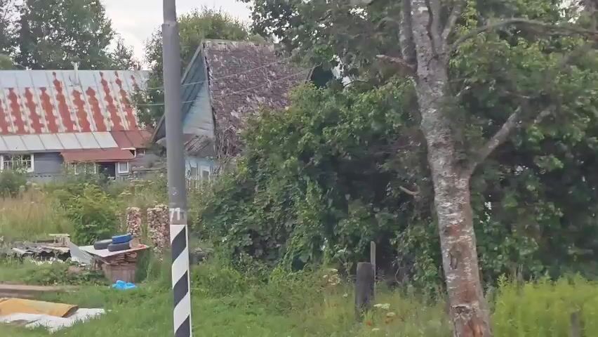 The video shows a rural landscape with several old wooden houses and overgrown vegetation. The houses appear weathered and some are in disrepair, with rusty metal roofs and peeling paint. There are trees and tall grass surrounding the houses, suggesting a natural and somewhat neglected environment. In the foreground, there are some objects that look like discarded tires and wood. The video seems to be shot from a moving vehicle, as indicated by the slight blur and the perspective. The overall impression is one of a remote and aging village or countryside.