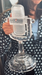 Woman holds Eurovision trophy in Sofia, Bulgaria