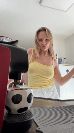 Morning coffee routine with a matching #Caffeine caption slide
