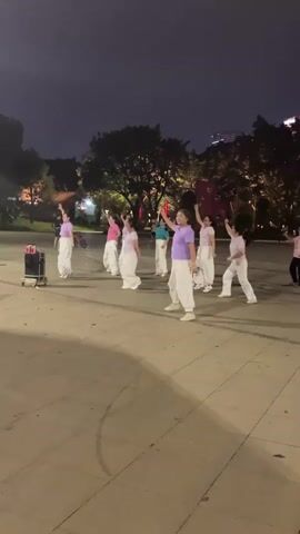 A group of at least eight people, predominantly women, are dancing in a paved outdoor area at night. They are dressed in light-colored, loose-fitting clothing, mostly white pants and purple or pink tops. One person in the front right is wearing a pink top and white pants. The dancers are arranged in a loose formation and appear to be following coordinated movements. There is a portable speaker on a cart to the left of the frame, suggesting music is being played. The background features trees, lights, and structures that indicate an urban park or public square setting. The overall atmosphere is calm and organized.