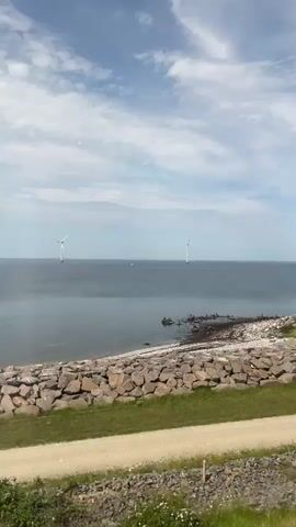 The video captures a seascape with a clear blue sky and scattered white clouds. In the distance, three white wind turbines are visible, standing tall in the calm, blue water. The foreground features a rocky shoreline with a path running alongside it. Green grass and some sparse wildflowers grow along the edge of the path. A brown pole with two square white objects attached to it is briefly visible in the center of the frame, obstructing the view of the sea and wind turbines. The water is a deep blue, with areas of lighter turquoise near the shore, revealing the rocky seabed. There are small dark objects, possibly birds, scattered on the water's surface and on the rocks. The overall impression is one of a serene, natural landscape with industrial elements.