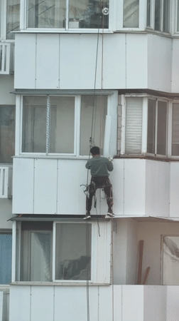 Building maintenance and dinosaur sculpture documented in Khimki