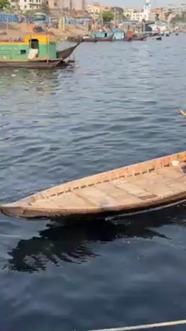 The video shows a man rowing a small wooden boat. The man is wearing a light blue shirt and patterned shorts. He uses a long oar to propel the boat through the water. The boat appears to be made of planks of wood. In the background, there are other boats and buildings along the shoreline. The water is dark and somewhat choppy. The scene appears to be set on a river or harbor in an urban environment.