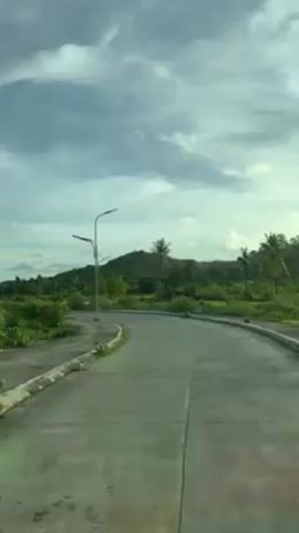 A low-angle view from inside a moving vehicle driving on an asphalt road. The road curves to the right and is lined with a concrete curb. Street lights are visible on the left side of the road. In the background, there is a lush green landscape with a small hill covered in trees and palm trees. The sky is overcast with gray and white clouds. As the video progresses, a driver's hands are visible on the steering wheel, and the view is partially obscured by the vehicle's window frame. Graffiti on a concrete block becomes visible as the vehicle drives past it.