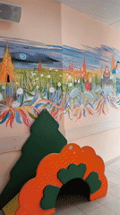 Cartoon wall murals featuring diverse whimsical scenes documented in Khimki