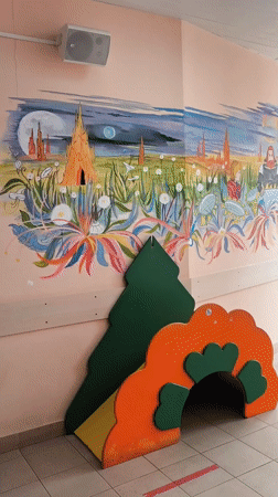 Cartoon wall murals featuring diverse whimsical scenes documented in Khimki