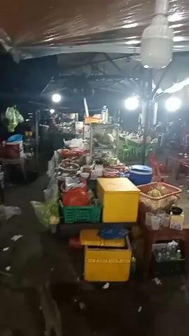 The video shows a food stall at night. It appears to be a market or street food setting with a cluttered environment. The stall has metal shelves and tables filled with containers, plates, and ingredients. Two women are visible, one wearing a white shirt and appearing to be preparing food. On the shelves, there are trays of cooked chicken, chopped meat, and other unidentified food items. The lighting is provided by bright overhead lamps. The ground appears to be wet.