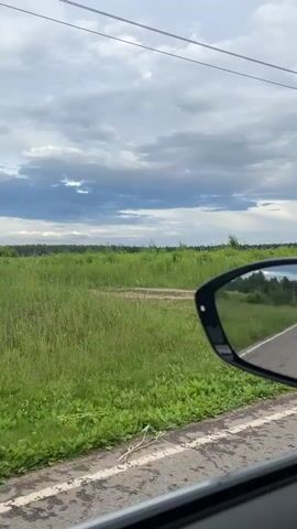 The media file shows a view from inside a car, looking out through the side window and the side mirror. The scene depicts a rural landscape in Kostiunino, Russia. The main subjects are the natural environment and the car's reflection in the mirror.

The setting is an outdoor, natural scene with a dirt road or track running through a vast field of green grass and vegetation. In the distance, a treeline marks the horizon, suggesting a forested area. The sky is overcast with dramatic, layered clouds, indicating a day with changeable weather, possibly approaching rain or having recently rained, as evidenced by damp patches on the road surface.

The activity taking place is a drive through the countryside, implied by the perspective from within the moving vehicle. The side mirror reflects a portion of the road and the surrounding green fields and trees, offering a reversed view of the passing scenery.

Notable details include the textures of the road, which appears to be a mix of dirt and asphalt with white road markings. The grass is lush and tall in some areas. The cloudy sky suggests it might be late afternoon or early evening, or simply a cloudy day. There are no people visible in the media file. The overall mood evoked is one of serene travel through a natural, expansive landscape, potentially a bit moody due to the cloudy sky. There is no visible text in the media file.