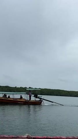 A long wooden boat with a canopy is traveling on the water. A person stands at the back of the boat operating the engine, which is attached to a long shaft extending into the water. Several passengers are seated under the canopy. The boat is moving from right to left, leaving a wake behind it. The water is calm, and the sky is overcast. A line of green trees is visible in the background. A red wooden dock or pier is in the foreground.