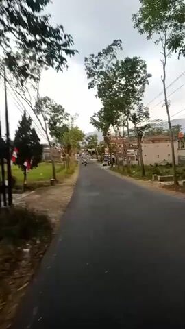 The video shows a view from a moving vehicle on a paved road. The road is lined with trees on both sides, with some buildings and rice fields visible. There are a few motorcycles and cars on the road, and a flag is visible on the left side. The sky is cloudy.