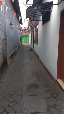 The video shows a narrow alleyway between two buildings. The alley is paved with bricks, and there is a concrete drainage channel running down the center. On the left side of the alley, there is a grey concrete wall with a few windows. On the right side, there is a white building with several windows and a small awning over the door. Small red and white flags are strung along the top of both buildings, suggesting a festive occasion. At the end of the alley, a bright green gate is visible. The overall impression is that of a residential area, possibly in a tropical or subtropical climate given the presence of what appears to be an air conditioning unit. The lighting suggests it is daytime, possibly overcast.