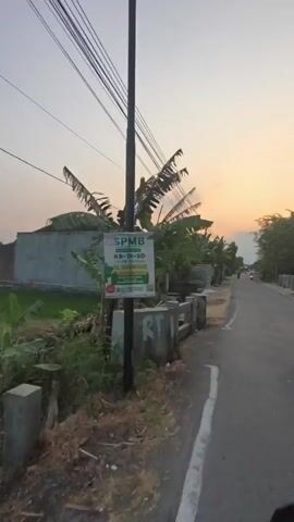 The video shows a view from a moving vehicle on a paved road. To the left of the road are houses, banana trees, a concrete fence, and utility poles with many wires. To the right of the road, the pavement continues, and a few distant figures on motorcycles can be seen. The sky above is a gradient of orange and yellow, indicating either sunrise or sunset. The overall environment appears to be a rural or suburban area.