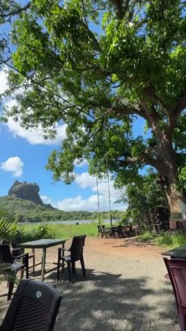The video shows a serene outdoor scene with a large tree providing shade over tables and chairs. A swing hangs from one of the tree's branches. In the background, across a body of water, stands a distinct rock formation under a blue sky with scattered clouds. The foreground includes foliage and details of the outdoor seating area, suggesting a peaceful, possibly tourist-oriented location. The sound of someone speaking can be heard, adding an auditory element to the visual setting.