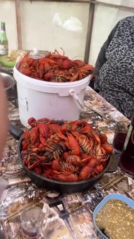A high-angle shot shows a table laden with cooked crawfish. A large white bucket overflows with bright red crawfish, positioned behind a black frying pan also filled with the cooked crustaceans. The table is covered with a patterned tablecloth. To the left, a glass bottle of beer and a small green bowl containing some food items are visible. A person's arm and shoulder, wearing a grey and black patterned garment, are present on the right side of the frame, suggesting they are sitting at the table. The background appears to be an outdoor or semi-enclosed space with a light-colored wall. Several glasses and a small blue dish with a brownish substance are also on the table. The overall impression is of a meal or gathering centered around a large quantity of crawfish.
