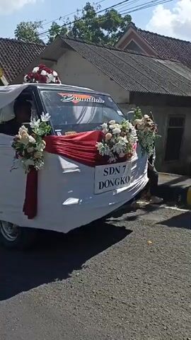 A white flatbed truck, decorated with white cloth, red draped fabric, and floral arrangements of red and white roses and white lilies, is proceeding down a paved road. Two individuals, a male and a female, are seated on the flatbed in front of a gold ornamental structure, seemingly as passengers of honor. The female is wearing a traditional dress and head covering. Behind them, more floral arrangements adorn the flatbed. In the foreground, the rear of the truck displays "SDN 7 DONGKO" on a white banner. A person in a headscarf is walking beside the truck on the right side of the frame. The background shows a building with a tiled roof and trees under a bright sky. The video appears to capture a procession or celebration, possibly related to a school event or a wedding.