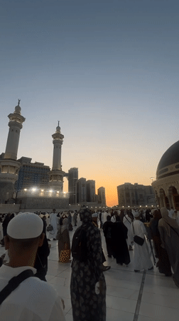 Crowds fill the Grand Mosque plaza in Mecca at sunset