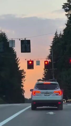 The video captures a rear view of a white Honda Pilot SUV driving on a road. The SUV is stopped at a traffic light, which is green for traffic going straight. In the background, the sky is a soft orange and pink, indicative of a sunset. Tall evergreen trees line both sides of the road, creating a sense of being in a forested area. Overhead, traffic signals are suspended by wires. One of the signals has a sign that reads "LEFT TURN YIELD ON GREEN" with a green circle symbol. The vehicle's brake lights are illuminated.